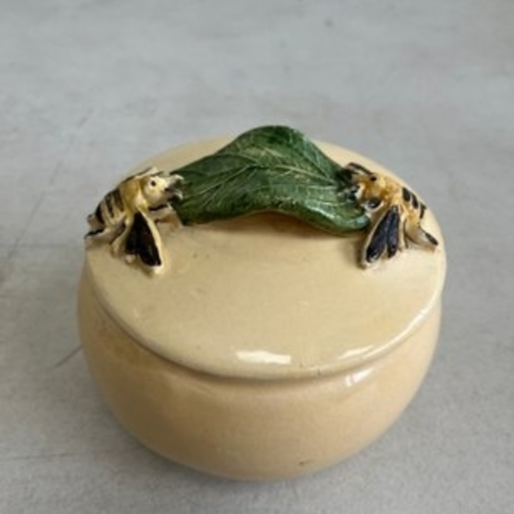 Yellow Ceramic Honey Pot/Trinket Pot with Decorative Bees